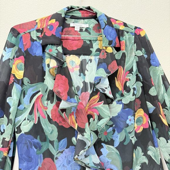 Chico’s Sheer Floral Ruffle Blouse Womens Size 8 Beaded Trim Tropical Office - Picture 3 of 10
